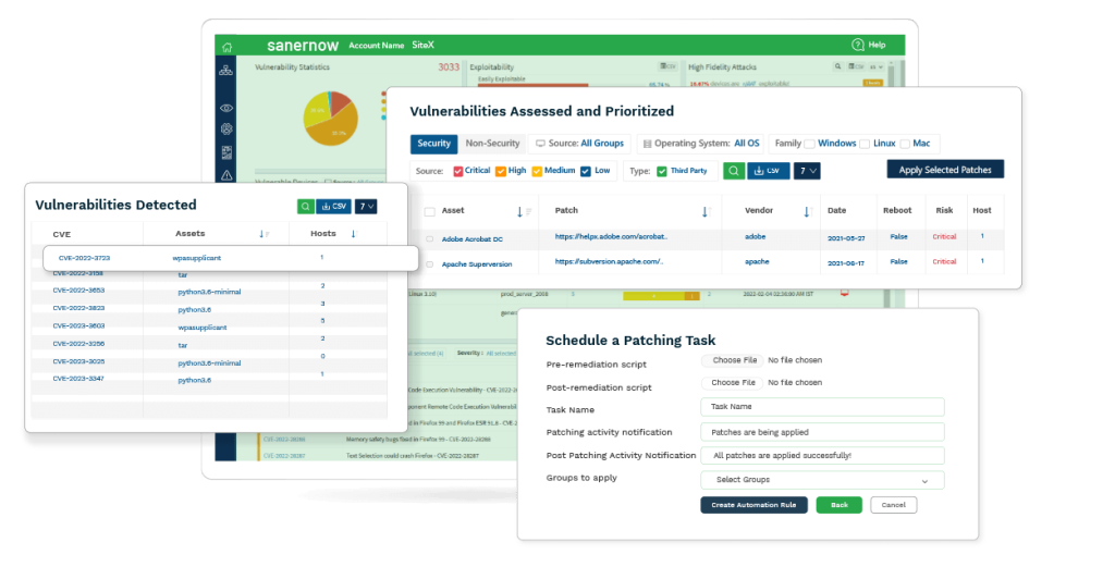 SanerNow Advanced Vulnerability Management Dashboard- Vulnerabilities Detected, Assessed and Prioritized, Scheduling a Patching Task (AVM)